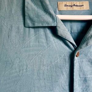 Tommy Bahama Short Sleeve Silk Button-Down Camp Shirt Mens Large Blue Casual
